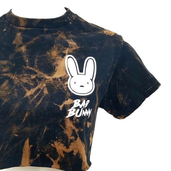 Bad Bunny Acid Washed, Distressed "Cropped" Crop Top Reggaeton Band Tee Rock Tee - Picture 4 of 6